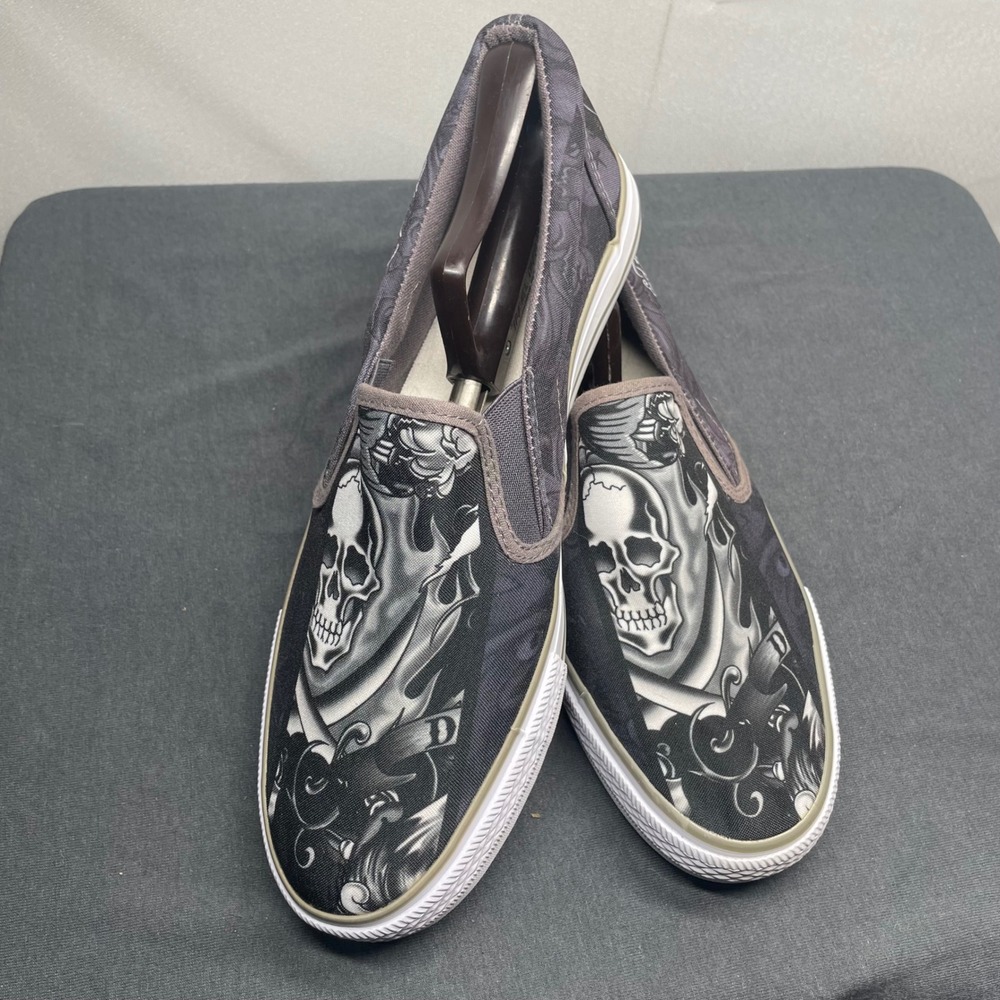 Ed Hardy Men Slip On Sneaker Canvas Skull Tattoo Print Size 9 EH9047S Black Gray